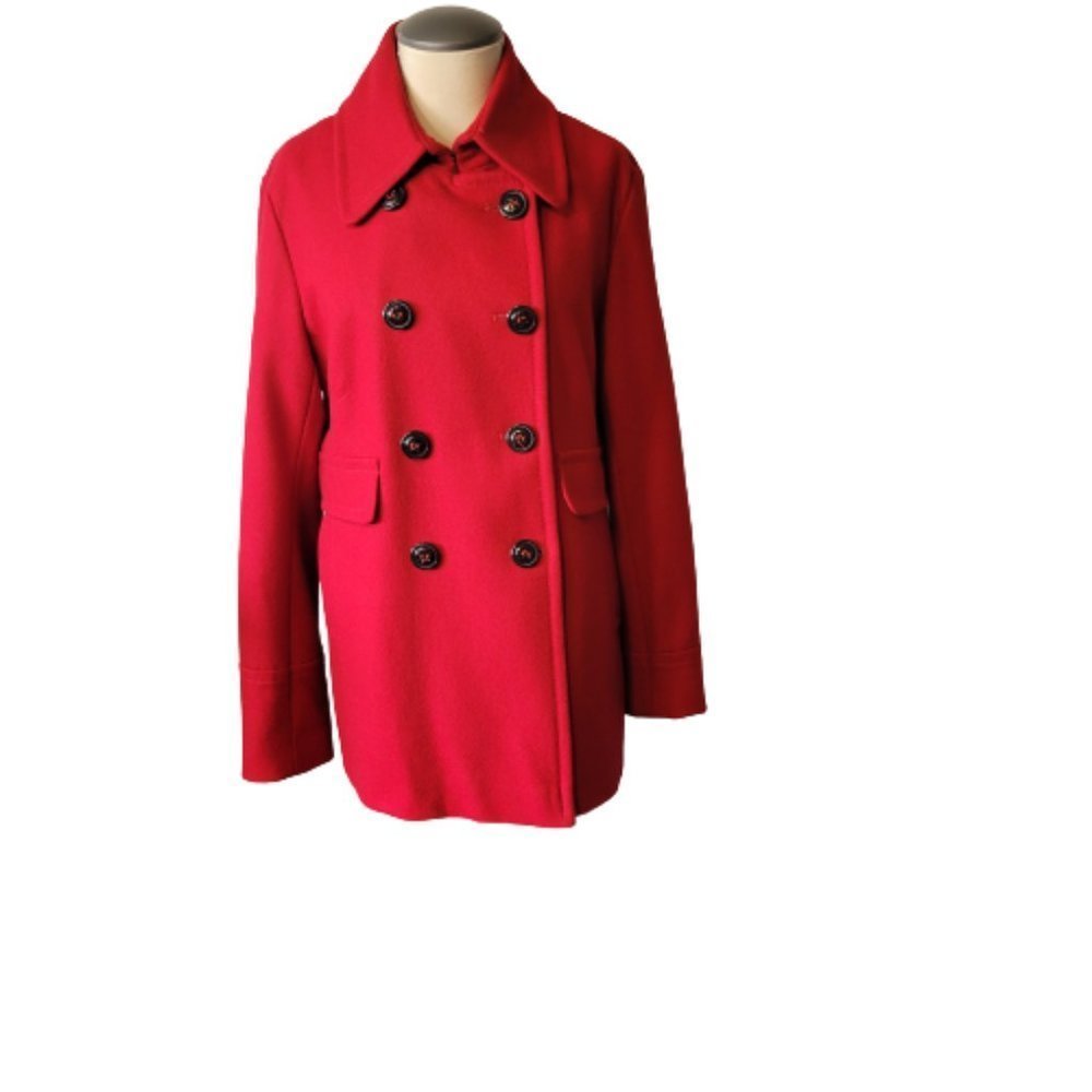 DKNY Red Wool Double Breasted Pea Coat Size 12
